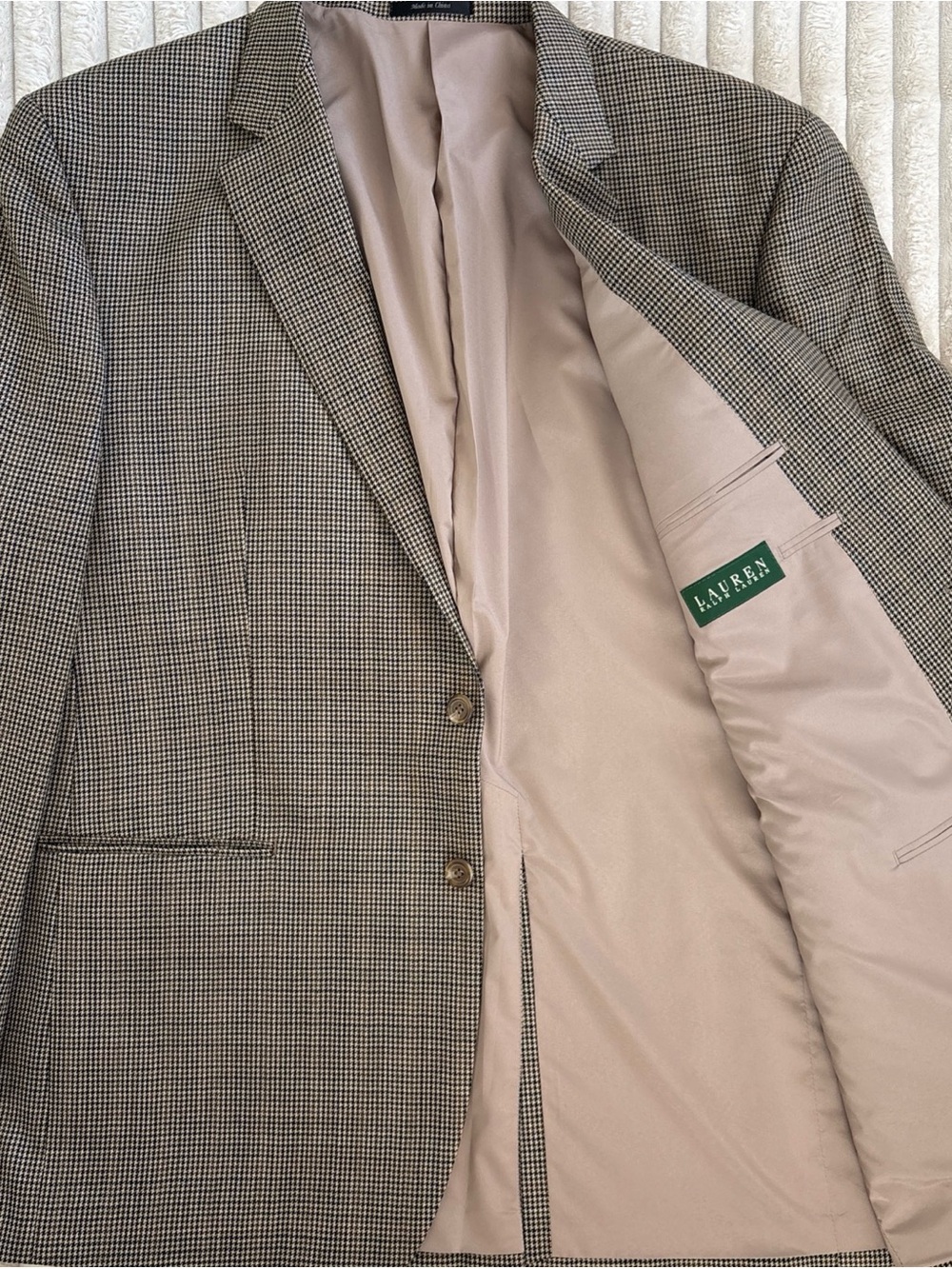 Lauren Ralph Lauren Mens 48L Tan Houndstooth Blazer Jacket Sport Coat Wool